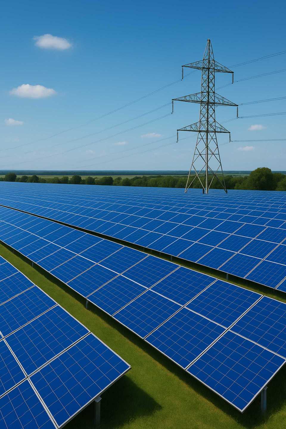 Solaranlage mit Hochspannungsmast