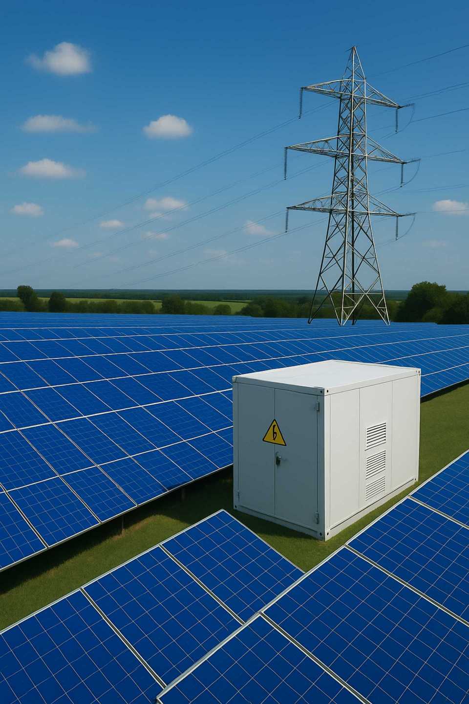 Solarpanelfeld mit Strommast