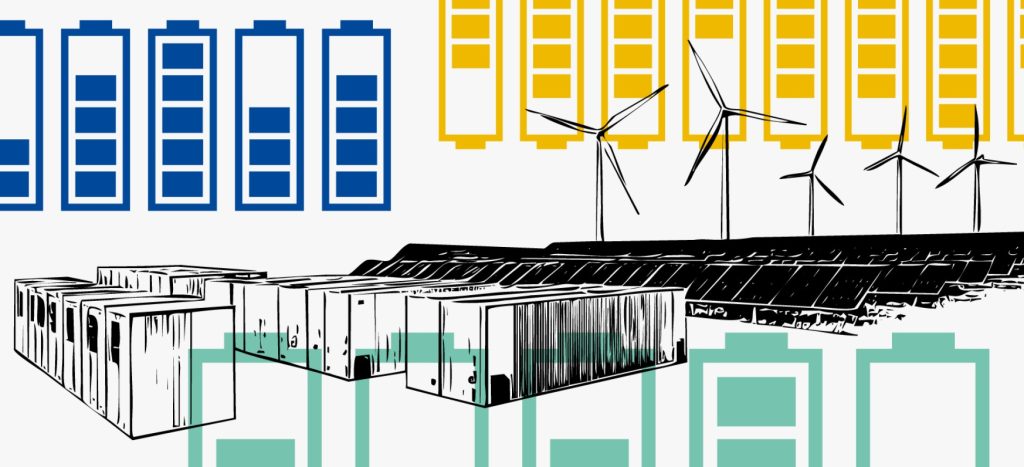 Illustration Windräder Solarpaneele Batteriespeicher